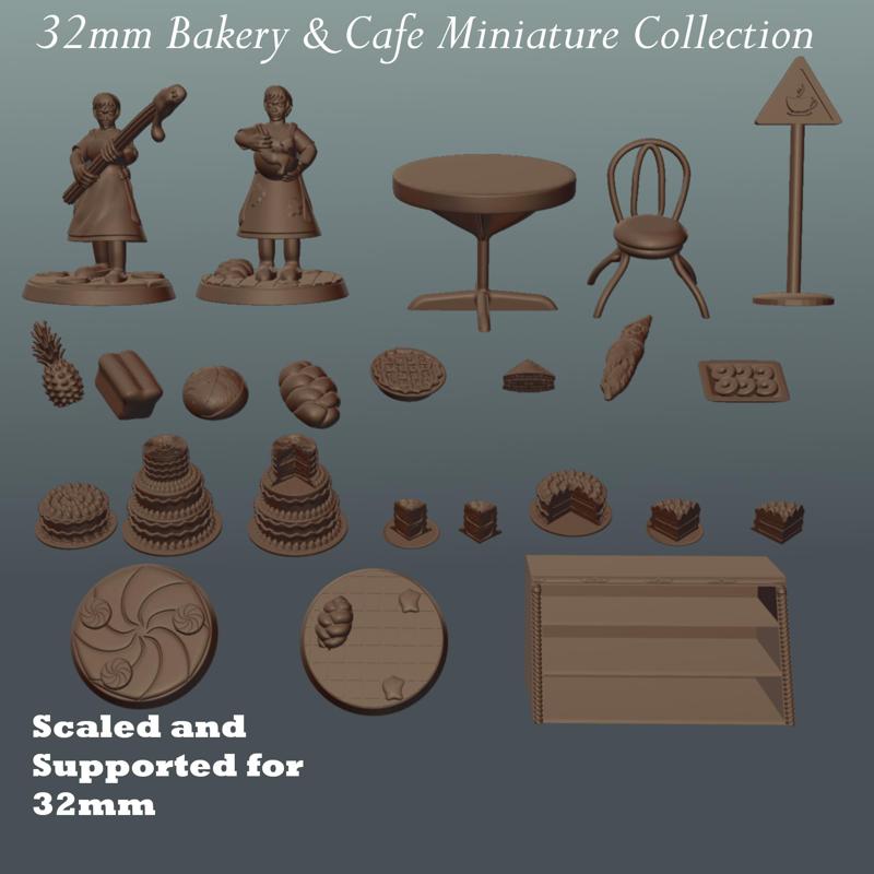 32mm Bakery & Cafe Miniature Collection: Cake, Doughnuts, Baguette, Sourdough, Bread Loaf, Pie, Fruit Sandwich, Cafe Table & Chair, Pineapple, Baker Figures with Churro Weapon & Bowl