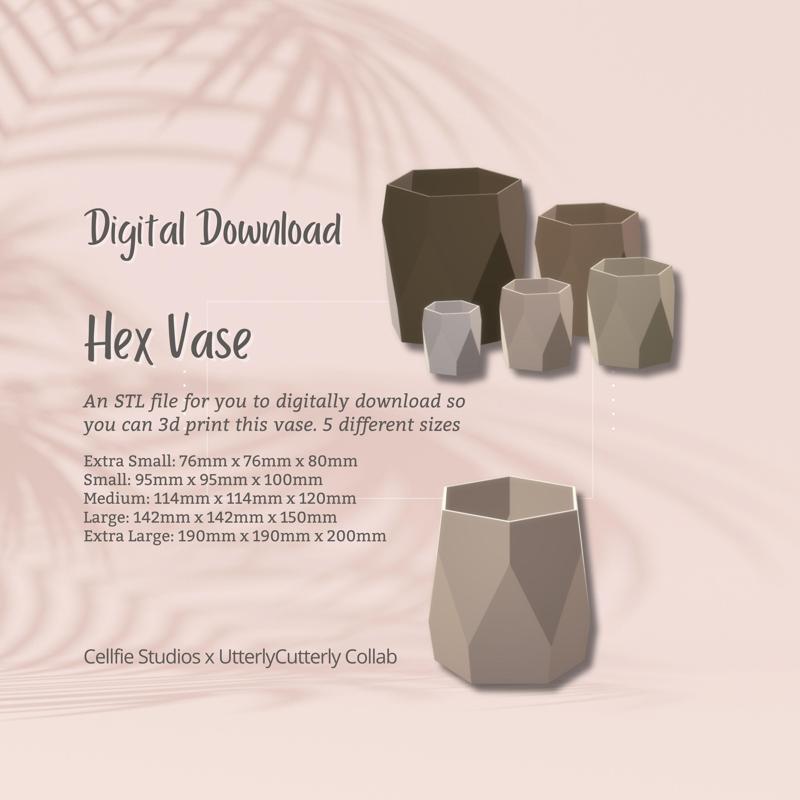Hex Vase Planter Pot 1 STL File - Digital Download -5 Sizes- Homeware, Minimalist Modern Design