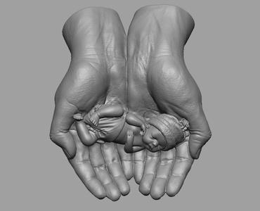 hands carrying sleeping baby