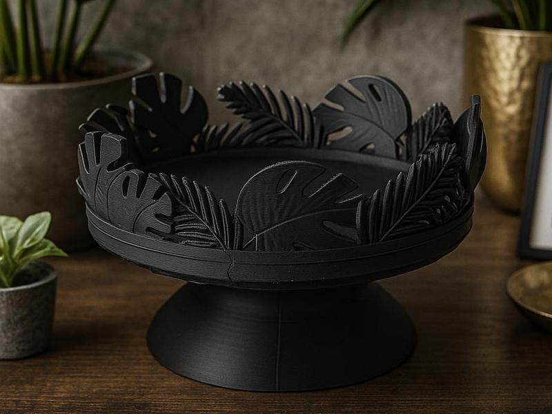 Black Tropical Leaf Pedestal Tray