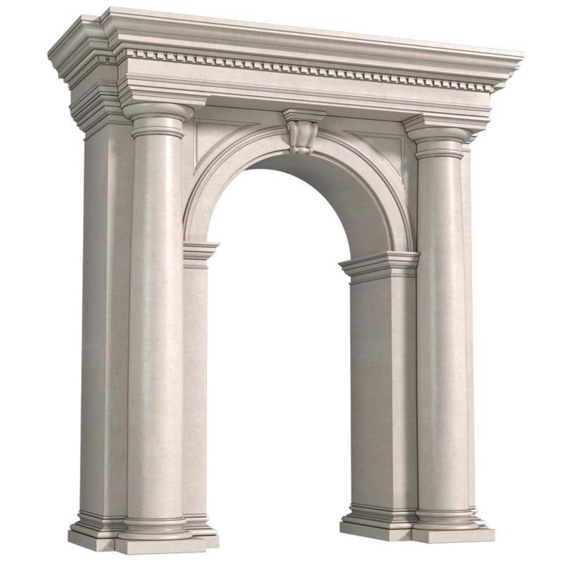 Classic facade arched opening with columns. Arched stone doorway
