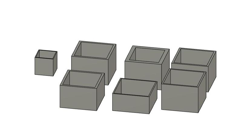 Extrusion multiplier calibration test cubes open 2 wall , .2, .3, .4, .5, .6, .8, 1.0