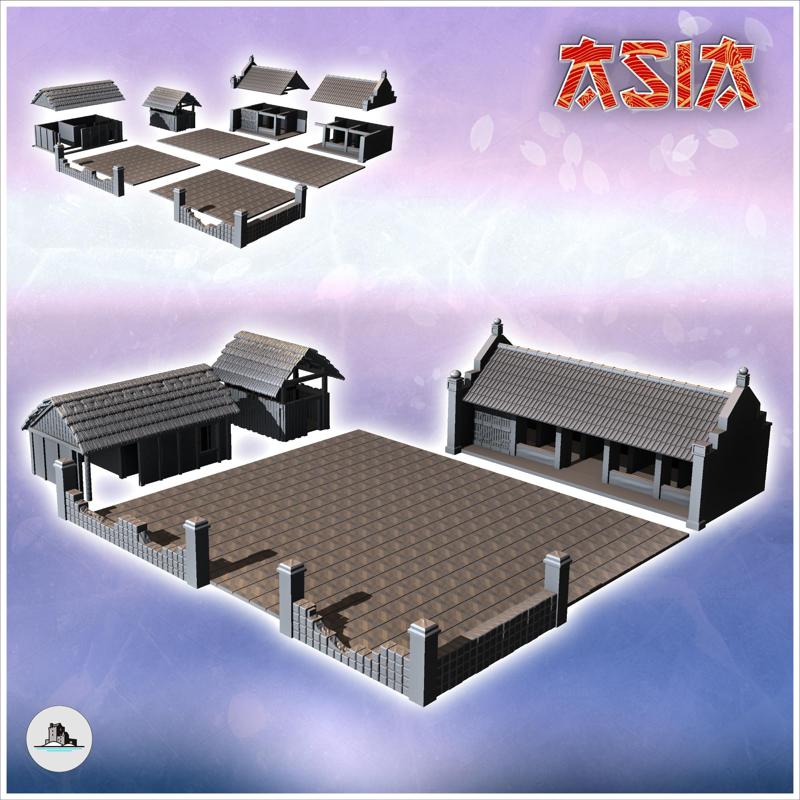 Set of two Asian buildings with large paved courtyard and stone wall (18) - Asian Asia Oriental Angkor Ninja Traditionnal RPG Mini