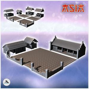 Set of two Asian buildings with large paved courtyard and stone wall (18) - Asian Asia Oriental Angkor Ninja Traditionnal RPG Mini