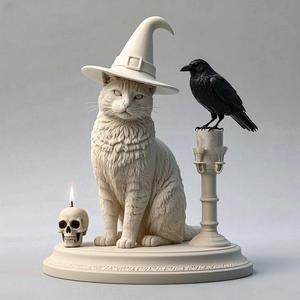 1999 Witch Cat Composition - Skull, Raven & Candleholder on Shared Ivory Base, magic, dragon, serpent, mask, gnome, gorgon, venetian carnival, wild, fox, monster, cat, fair, witch, werewolf, horror, beast, snake, troll, skeleton dance