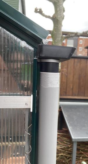 GreenHouse storm proofing (adapter clips for rain pipe and siding)