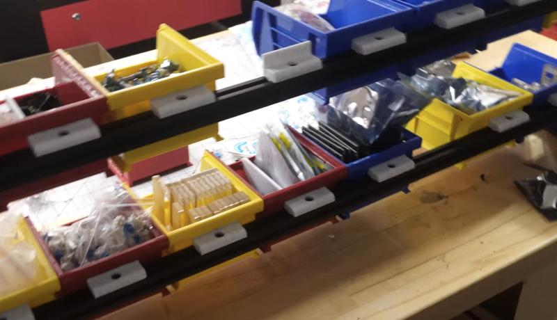 Akro Bin Hanger Bracket and Aluminum Extrusion Shelf Setup