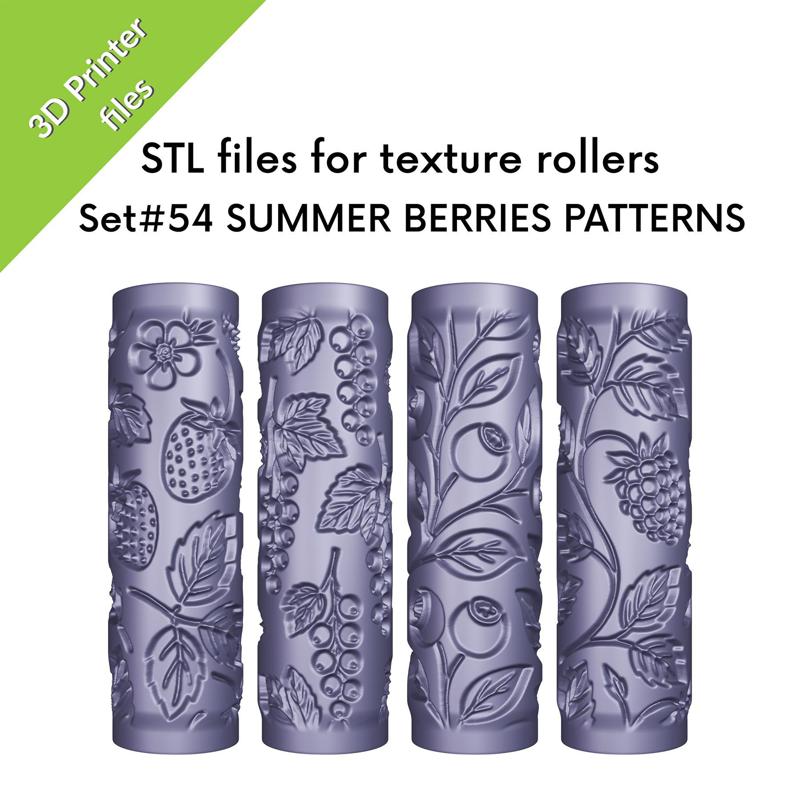 Texture Mini Rollers for clay, Summer Berries patterns, strawberry, blueberry, raspberry, currants, files for 3D printing, Set #54