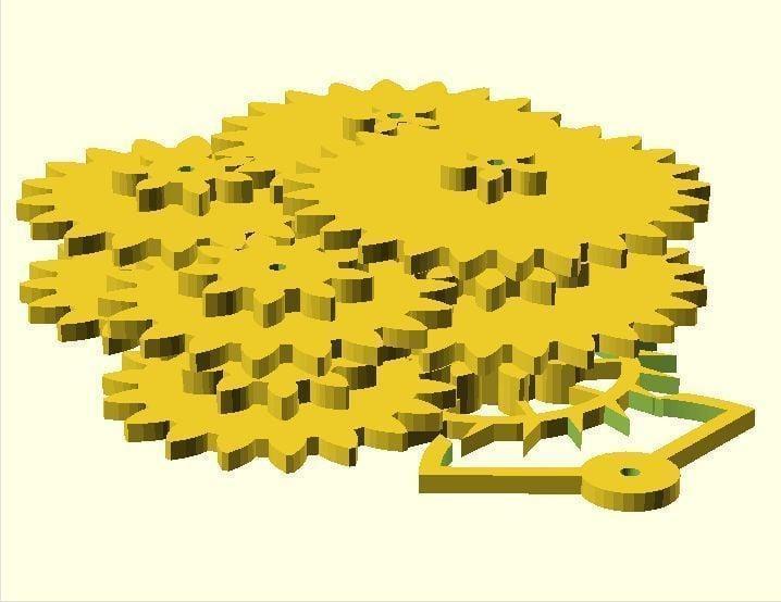 Parametric OpenSCAD Clock Gear Train (Hours, Minutes & Seconds)