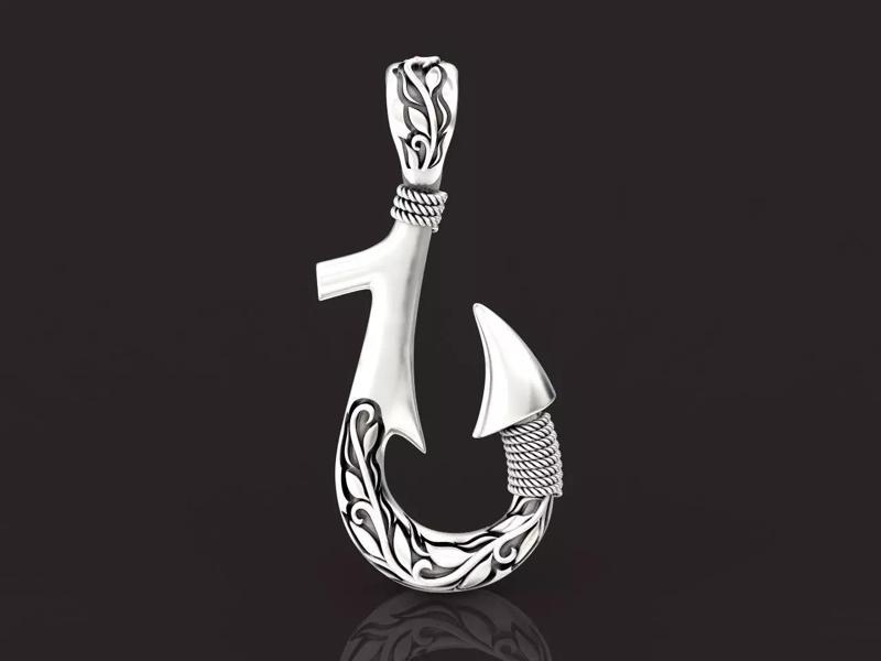 Fish hook pendant with hand engraved Hawaiian pattern 1402