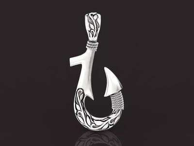 Fish hook pendant with hand engraved Hawaiian pattern 1402