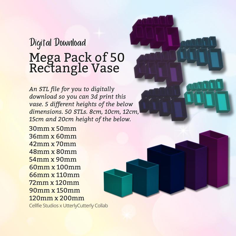 Mega Bundle Rectangle Vase STL File - Digital Download -50 Sizes- Homeware, Minimalist Modern Design