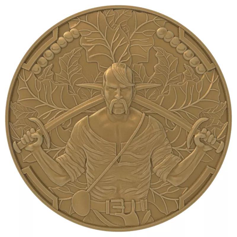 Coin with a Cossack with two sabers on a background of leaves