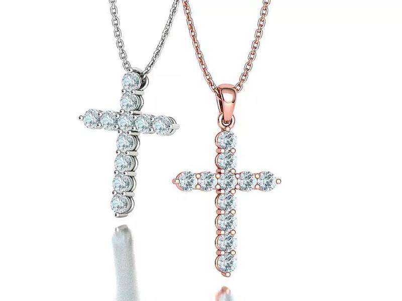 T-cross Diamond Cross 4mm stones 11 gem Pendant 30mm height