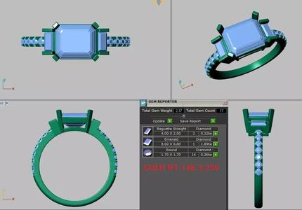 3 stone ring with shank set diamonds baguette