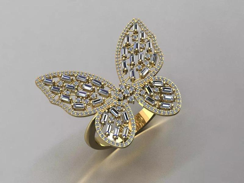 Butterfly Ring Decorated with Baguettes and Round Stones