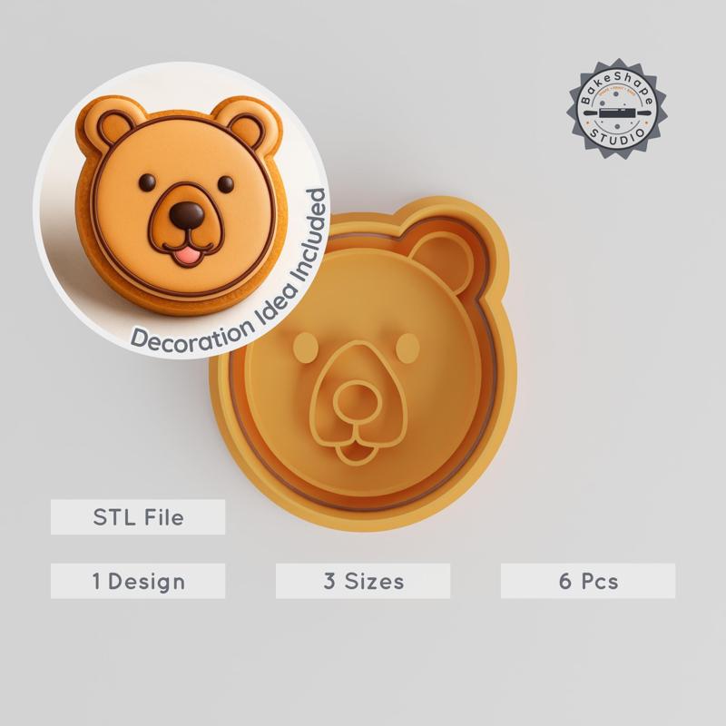 Bear Shape Cutter & Stamp, Cookie & Fondant 3-Size Set, Wildlife Animal Head Design