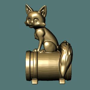 Sitting fox on lying barrel