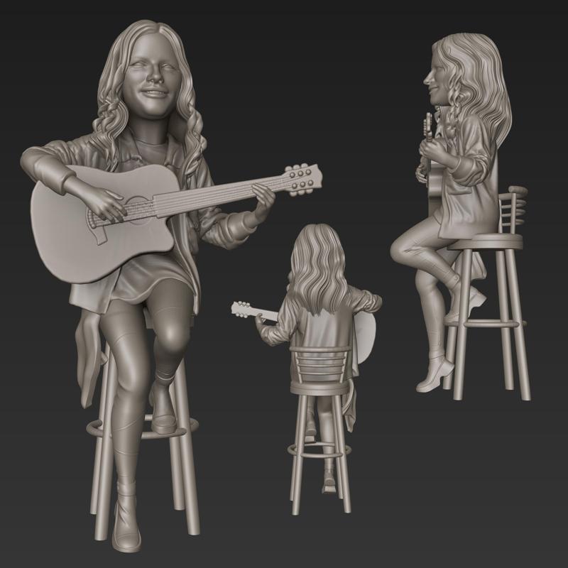 Guitar Girl on Bar Stool (20cm)