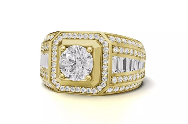 Mens Solitaire Diamond And Baguette Statement Ring