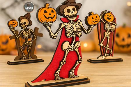 Halloween Skeleton Figurines Set – Laser Cut Files | Pumpkin & Skeleton Miniatures | Halloween Wooden Decorations