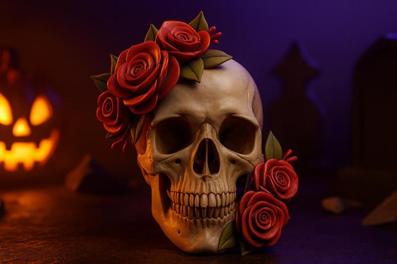 Skull with Roses – Gothic Decor, Unique Halloween Decoration, Macabre Art Piece
