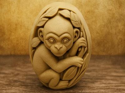 Baby Monkey in the Protection of the Forest in an Egg