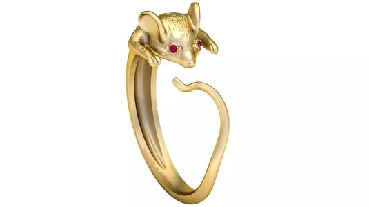 Golden Mouse Ring with Ruby Eyes