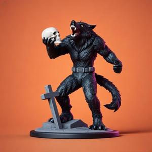 2363 Werewolf Howling with Skull - 3D Model, magic, dragon, serpent, wood, gnome, gorgon, warrior, wild, fox, monster, cat, fair, witch, werewolf, horror, beast, snake, skeleton dance, halloween