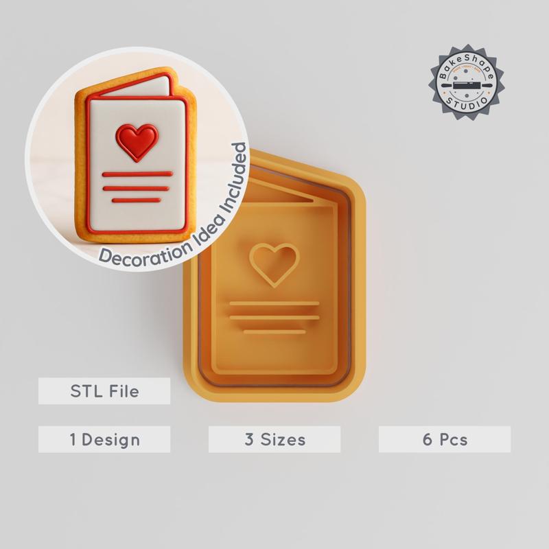 Love Card Cookie Cutter & Stamp, Shape Cutter for Fondant, Wedding & Romantic Invitations, S/M/L Sizes, 6 Piece Set