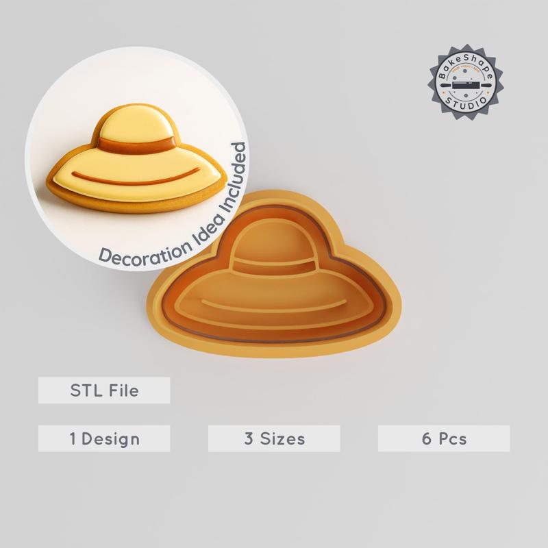 Sun Hat Shape Cutter & Stamp, Cookie & Fondant Mold, Sizes S/M/L, 6 Piece Summer Fashion Set