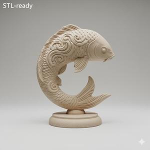 Curved Koi Fish Ornamental Fish Sculpture on Pedestal 3D Print