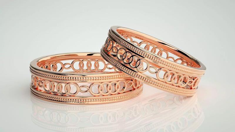 Plain Gold Mesh Couple Band Ring 3dm stl render detail