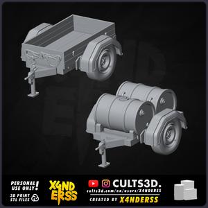 By ZEFF1E & X4NDERSS • 2nd Rear Trailer Model Kit • 48th Scale 1:48 • Tail Trailers for Tank & Trucks Miniature Models Props Army WW2 World War 2 1 German Double Drum Flatbed
