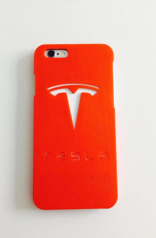iPhone 6 case with Tesla Motors logo on it.