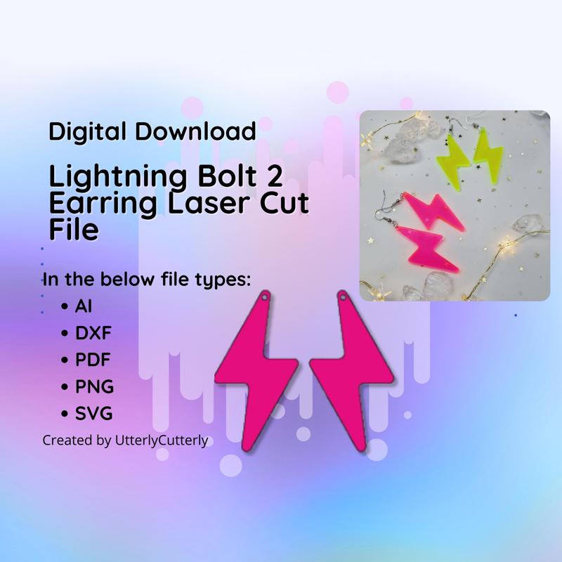 Lightning Bolt 2 Earring Laser Cut File- svg, Dxf, Pdf & Png
