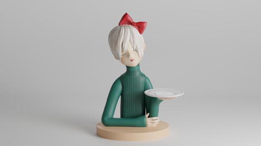 Minimalist Girl with Red Bow and Plate 3D Bust Sculpture - Digital STL File for 3D Printing - Elegant Art Collectible Design