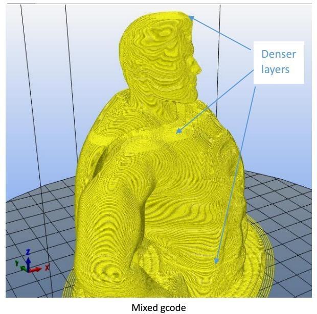 Gmixer for Cura:  A program mixes gcode files with different layer settings