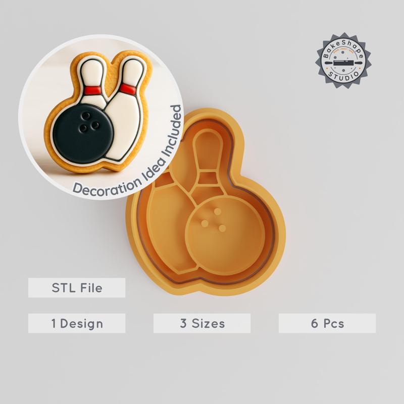 Bowling Shape Cutter & Stamp Set, Perfect for Cookies & Fondant, Sports Design, Includes Bowling Ball & Pin, 3 Sizes, 6 Pieces