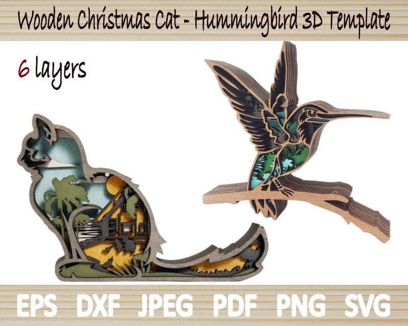 2 Wooden Animals Ornaments - Cat & Hummingbird Template for Laser Cutters