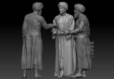 Three men dressed in Middle Eastern style conversing