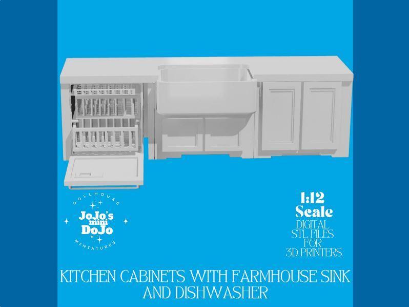 Modern Farmhouse Kitchen Cabinets with sink and dishwasher Dollhouse Furniture & Accessories 1:12 Scale 3D PRINTABLE STL