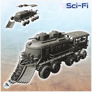 Post-apo train on wheels with armoured turrets and front shovel (5) - Future Sci-Fi SF Post apocalyptic Tabletop Scifi