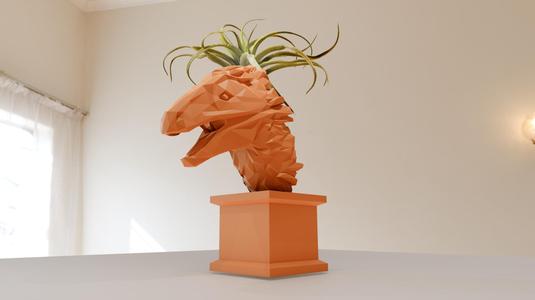 velociraptor dinosaur head bust roaring planter pot flower vase stl