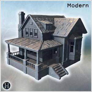 Old wooden house with a large porch, chimney, cracked walls, and weathered roof shingles (10) - Medieval Gothic Feudal Old Archaic Saga 28mm 15mm RPG