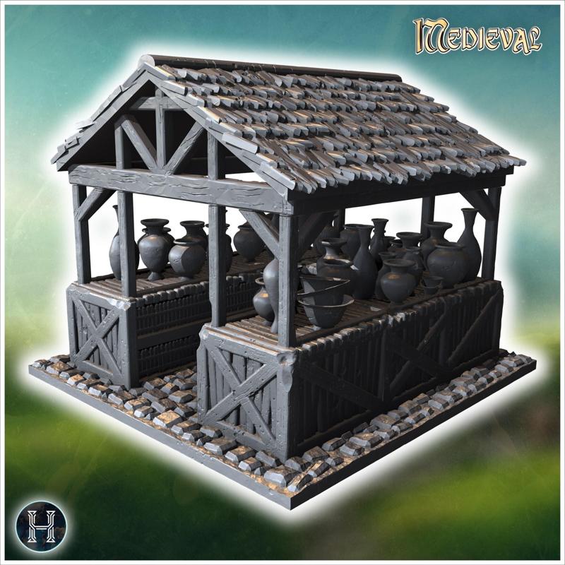 Covered wooden stall with shelves displaying various ceramic pots and vases on a cobblestone platform (52) - Medieval Gothic Feudal Old Archaic Saga 28mm 15mm RPG