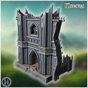 Gothic ruins with tall spires, arched windows, crumbling walls, and sharp decorative spikes (15) - Medieval Gothic Feudal Old Archaic Saga 28mm 15mm RPG