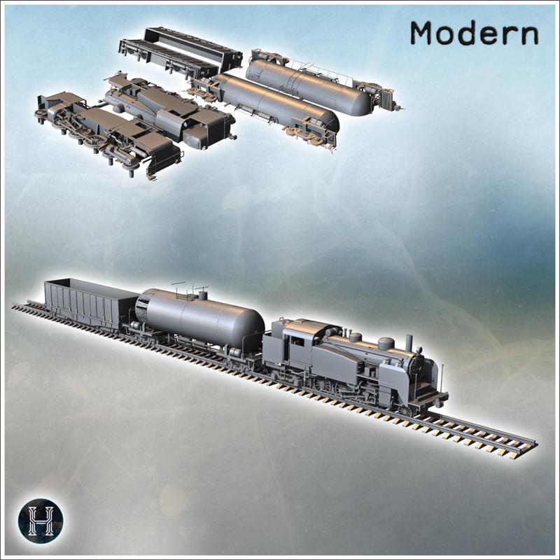 Modern railway convoy with locomotive, tanker car, freight car, and rails (2) - Modern WW2 WW1 World War Diaroma Wargaming RPG Mini Hobby