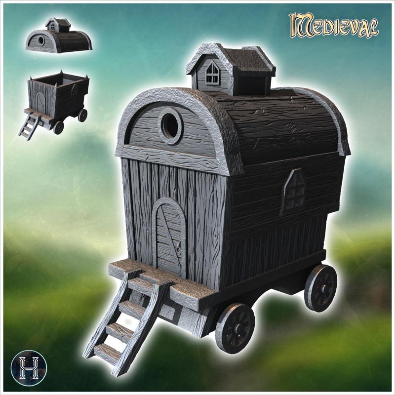 Wooden caravan with a small rooftop window, stairs, and wagon wheels (23) - Medieval Gothic Feudal Old Archaic Saga 28mm 15mm RPG