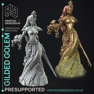 Gilded Golem - Flesh of Gold - PRESUPPORTED - Illustrated and Stats - 32mm scale